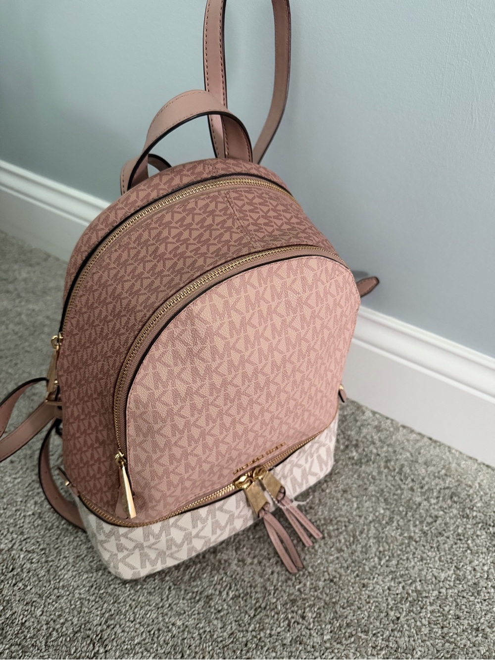 Michael Kors Two-Tone Signature Canvas Backpack in Brown and Cream